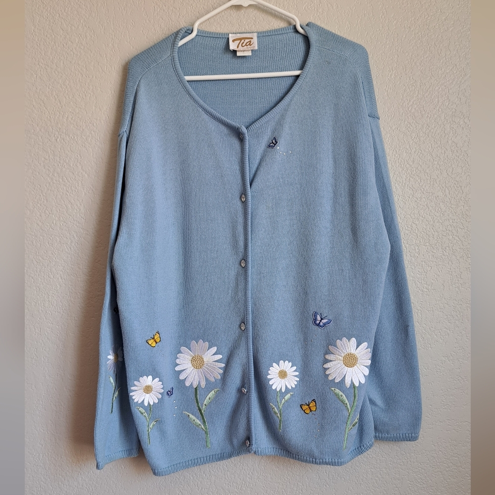 Vintage Made In U.S.A Blue Floral Spring Embroidered Button Down Sweater Size 2X